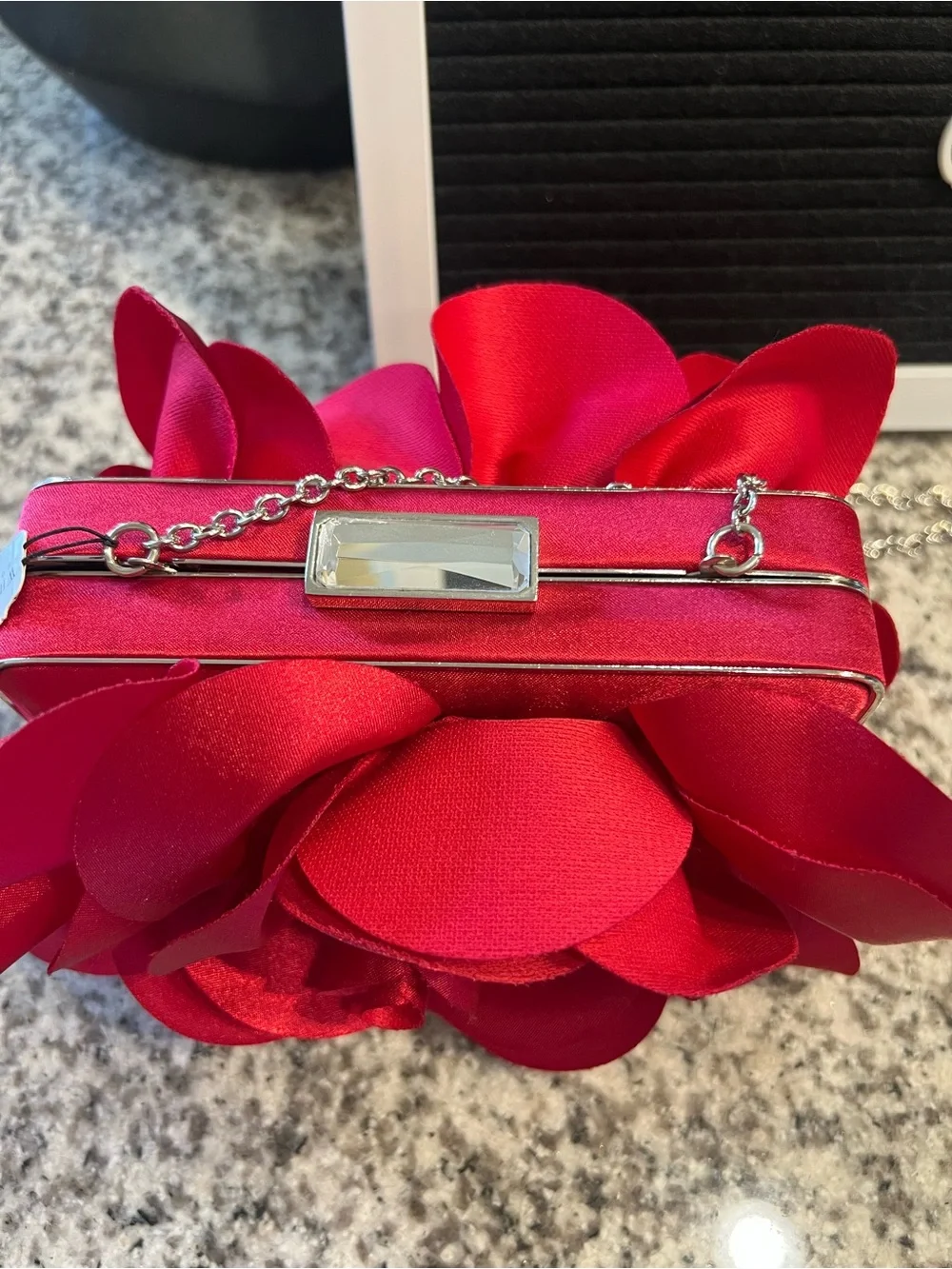 White House Black Market Red Satin 3D Rose Flower Evening Clutch Bag Formal